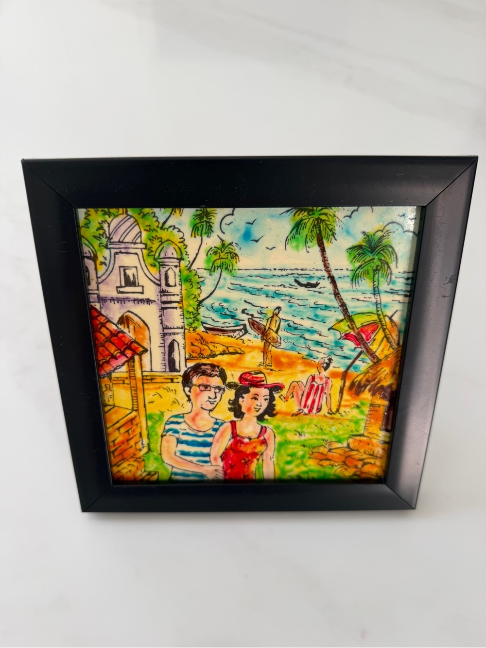 Framed Ceramic Tile Art Beach Hand Painted Tropical Seaside Surfer Decor 7"x7"